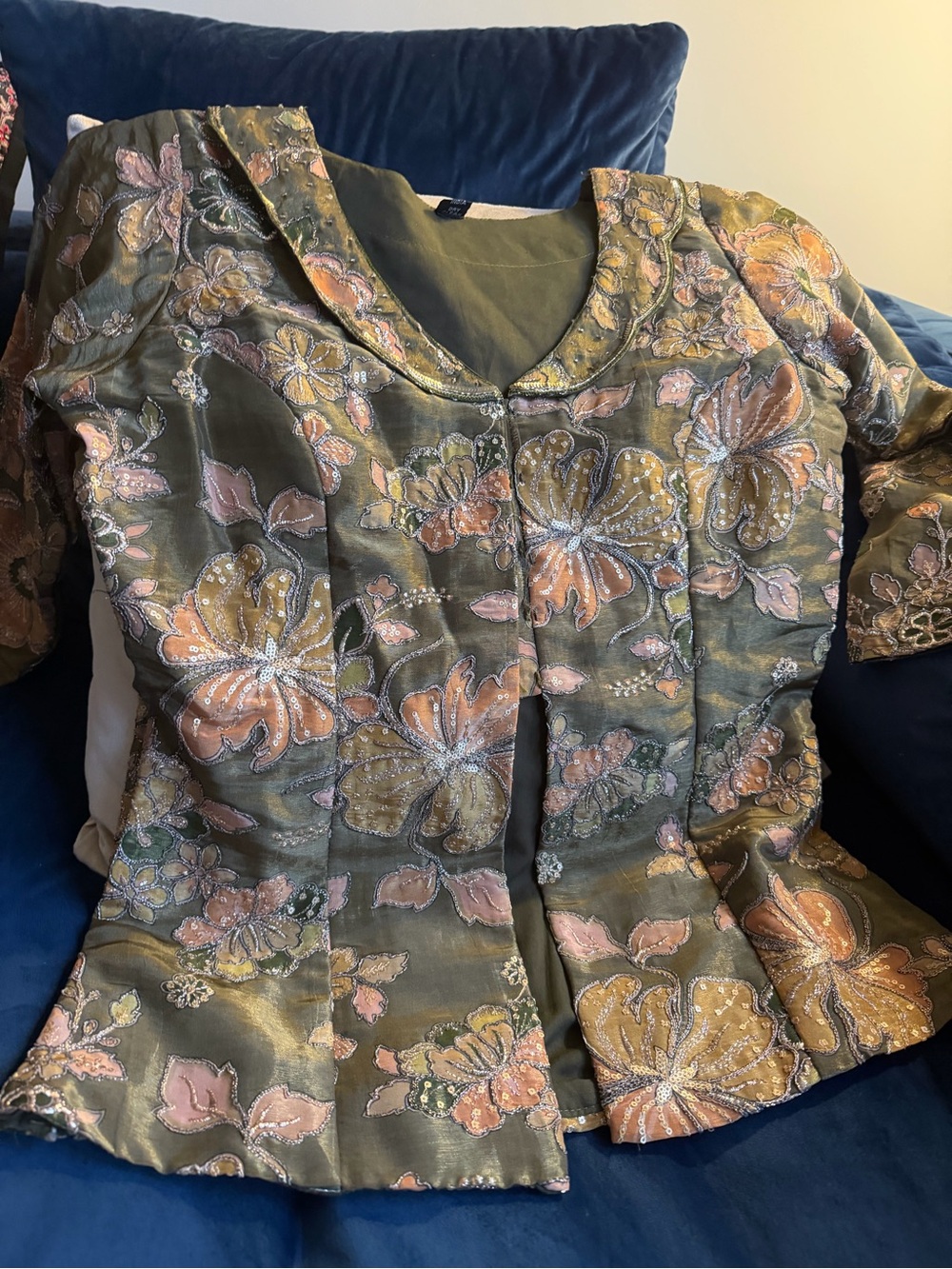 Embellished Floral Peplum Top - Olive Green